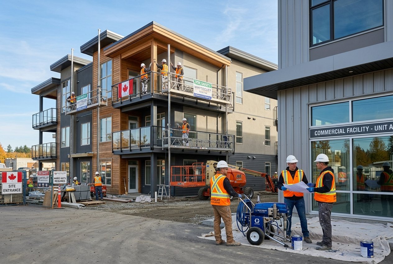 Commercial construction site with professional painting contractors at work in BC and Alberta