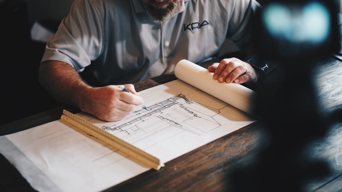 General contractor project manager reviewing commercial architectural drawings on active construction site